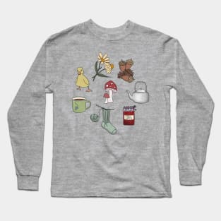 Cottagecore Starter Pack - Cottage Lifestyle Acorns, knitting, jam, duckling, daisy, kettle and enamel camping cup Long Sleeve T-Shirt